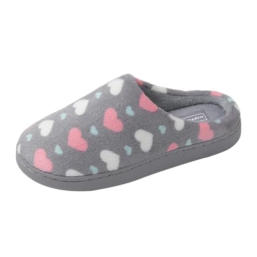 JOMIX Zapatillas de Casa de Felpa para Mujer Pantuflas con Corazones Estampados Peluche Suave Cómoda Invierno Otoño Interior (Gris Claro, 39)