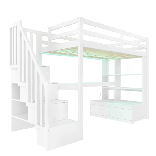 Merax 90x200 Hochbett mit Schreibtisch, Regalen & Stauraumtreppe, Weiß – Kinderhochbett mit LED-Beleuchtung, 2 Schubladen, Multifunktionales Design für Kinderzimmer