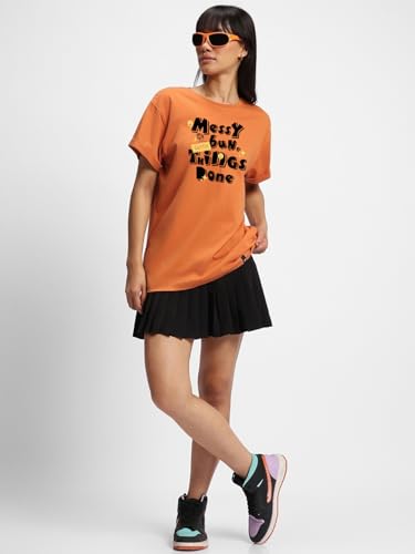 Image of Bewakoof Women's Typography 100% Cotton T-Shirt - Boyfriend Fit, Round Neck, Half Sleeves