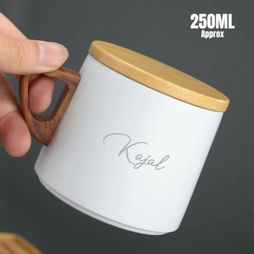 Image of Giftana Personalized Coffee Mug with Lid, Customized Tea Mug with Handle & Wooden Saucer, 250ml Coffee Cup for Home & Office, Rakhi Gift for Sister, Personalized Gift for Sister, Birthday Gift (White)