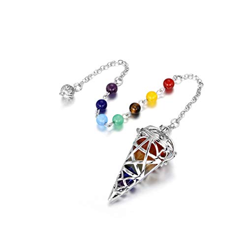 PESOENTH 7 Chakra Energy Healing Dowsing Crystal Pointed Pendulum Hexagonal Stone Reiki Jewelry Silver Locket Pendant Pendulum for Divination Scrying Wicca