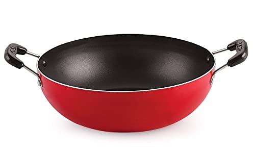 Nirlon Non-Stick Aluminium Round Bottom Gas Stove Compatible Deep-Stir Kadhai Wok Pans (25cm/2.5 litres)[Red_KD14]