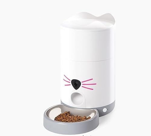 Photo of a cat eating from a white smart feeder with a built-in camera in a modern home kitchen