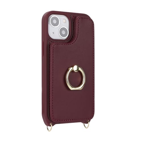 Image of for iPhone 13 Mini Case with Card Holder and Strap for Women,Crossbody Lanyard,Kickstand Ring Stand,Snap Clasp,RFID Blocking,Phone Wallet Cases 5.4 inch(Wine Red)