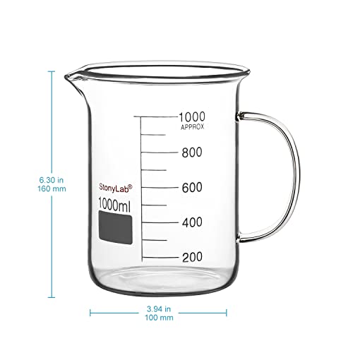 Image of stonylab Glass Beaker with Handle, Borosilicate Glass Graduated Low Form Griffin Beaker with Handle and Pouring Spout, 1000 ml (Pack of 2)