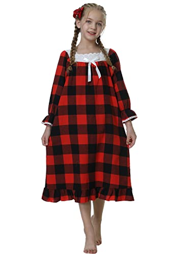 Girls' Flannel Classic Plaid Pajamas with Long Sleeve Nightgown Sleepwear Dress 3-13Years