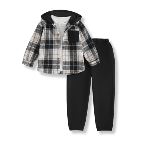 Image of Size 2-6 Years Toddler Boys Clothes Plaid Hooded & Pants 2 Piece Set Kids Boys Fall Outfits Sets