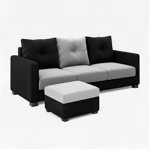 Image of FURNY Amonster 4 Seater L Shape Sofa Set with Movable Ottoman | Flexible Left or Right Layout | Plush Velvet Fabric (Black-Light Grey) | Perfect for Living Room, Guest Room & Office