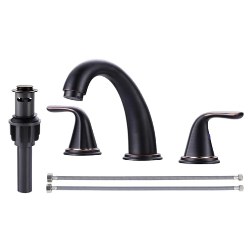 Bathroom Sink Faucet 3 Holes Oil Rubbed Bronze, Widespread Bathroom Faucet, Washroom Faucets with Pop Up Drain, Washroom Sink Faucets with 304 Stainless Steel Lead-Free Hose