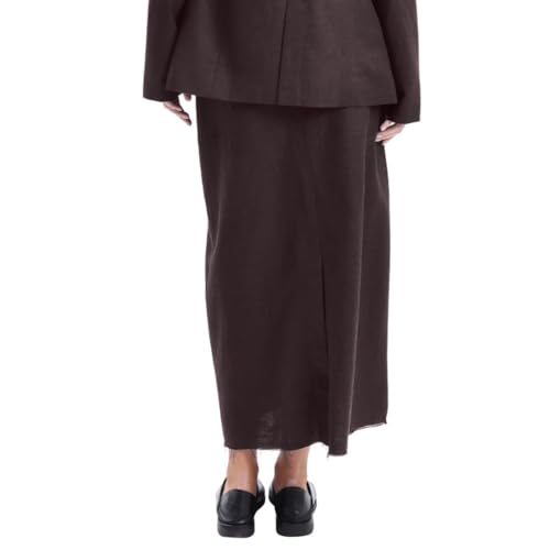 Amazhiyu Women's Linen High Waisted Split Raw Hem A-Line Midi Skirts with Pockets3
