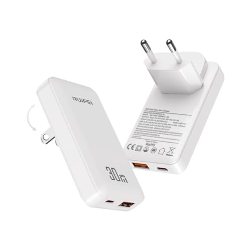 RUIFEI 30W USB C Ladegerät 2 Port GaN Schnellladegerät Slim Mehrfach Netzteil PD USB C Fast Charger kompatibel mit MacBook iPad iPhone 17 16 15 Pro Max Galaxy S25 S24 S23 Ultra Dell Weiß