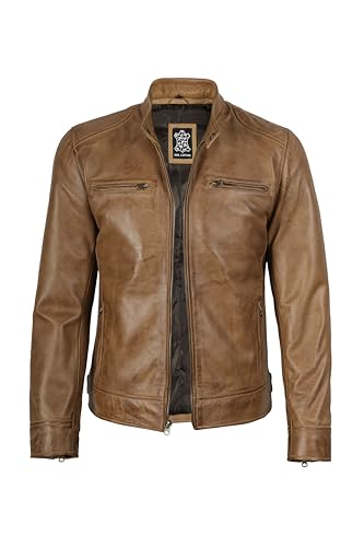 Image of fjackets Mens Leather Jacket - Real Lambskin Cafe Racer Jacket Stand Collar Moto Biker Zip Jacket For Men