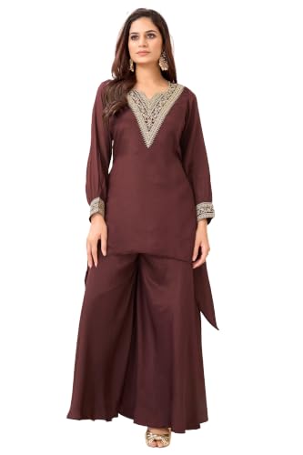 Vedant Vastram Women's Chinon Embroidery & Coding Work Fancy Kurta Palazzo Set for Women (KN-1056-Coffee-M)