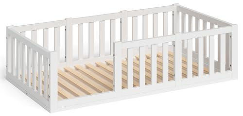 Bellabino Tapi Bett 80x160 cm, Kinderbett mit Rausfallschutz, inklusive Lattenrost, Montessori Bodenbett für Jungen und Mädchen aus Kiefer Massivholz, weiß lackiert, Bed