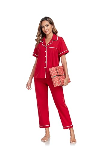 Image of COLORFULLEAF Women's 100% Cotton Pajamas Set Button Down Sleepwear Short Sleeve Shirt and Long Pants Soft Ladies Lounge Sets