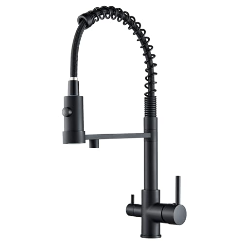 Hevenaov 3 Wege Wasserhahn Küche, Küchenarmatur 360° Drehbar mit für Wasserfilter, Mischbatterie Küche Hochdruck mit flexiblem Auslauf, 3 Wege Armatur Küche mit 2 Hebel, Edelstahl, Schwarz