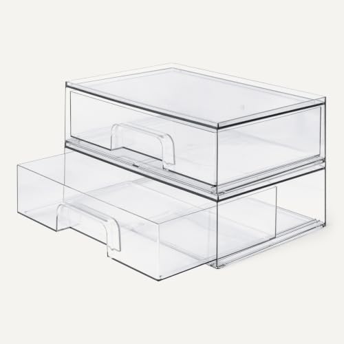 Image of Amazon Basics Stackable Plastic Storage Makeup Organizer Drawers, Clear, 12.1 inch x 7.6 inch x 3.5 inch, 2 Pack