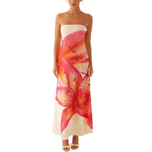 Image of Women Y2k Strapless Maxi Dress Summer Backless Floral Long Tube Dress Off Shoulder Cocktail Party Dress
