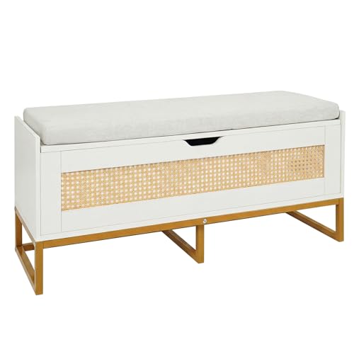 COSTWAY Banc de Rangement en Rotin 100 cm, Banc Chaussures Entrée, Coussin Rembourrée, Couvercle...