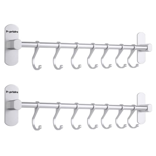 Poprkdre Hakenleiste Küche ohne Bohren, Selbstklebend Küchenschiene mit 7 Haken, Kleiderhaken ohne Bohren, 20kg Tragfähigkeit, Aluminium, Silber (2 pack)