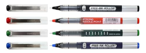 Image of OHTO JAPAN Free Ink Roller Pen Black, Blue, Red, Green Color PACK of 4, comes with 0.5 mm Needle Tip Size best writing pen in daily use. MADE IN JAPAN