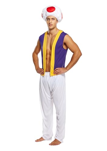 HENBRANDT Videogame Mushroom Man Fancy Dress Costume retro 1980s Novelty Toad Moustache Brothers Dress Up Outfit Mens Fancy Dress Costume, Roxo, Tamanho único