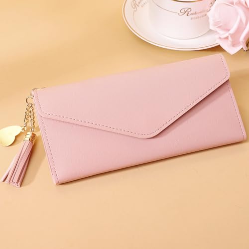 Stylish Leather Envelope Card Wallet with Tassel Chain Long Wallet for Women,Pink4