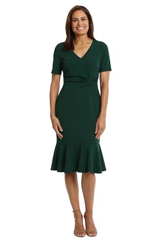 Image of London Times Women's V-Neck Dress - Flounce Hem, Twist Waist, Elegant Office & Event Wear