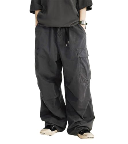 THWEI Mens Baggy Cargo Pants Casual Parachute Cargo Pants Elastic Waist Streetwear Multi Pockets Grey L