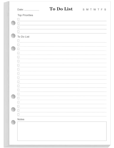 To Do List Inserts for A5 Binder - 6 Hole Punched Daily Planner Refills Paper 100 Sheets/200 Pages Planner Inserts 100 Gsm White Paper 5.8 x 8.3