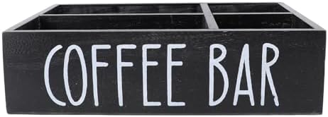 POCREATION Coffee Station Organizer, Wooden Countertop Coffee Bar Holder for Kitchen, Black Coffee Pod Storage Box with Compartments for Tea Bags and Sugar Packets