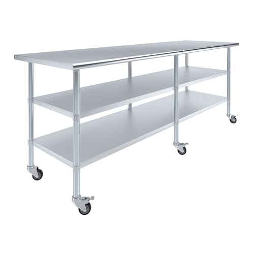 Image of AmGood Stainless Steel Work Table with 2 Shelves and Casters | Metal Utility Table On Wheels (Stainless Steel, 96 inch Long x 30 inch Deep)