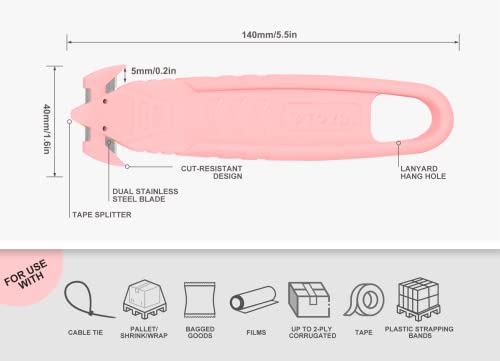 Image of Safety Box Cutter, T TOVIA Sharp Durable Stainless Steel Concealed Blade Package Opener with Tape Splitter for Cartons, Cardboard, Wrap, Straps, Film (10 Pcs - Pink)