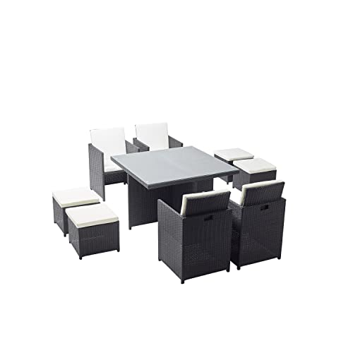 CONCEPT USINE | Salon de Jardin Encastrable 8 Places en Résiné Tréssée | Monaco Noir/Blanc | Table avec Verre 5 mm + 4 Chaises + 4 Poufs | Structure Acier + Epoxy |...