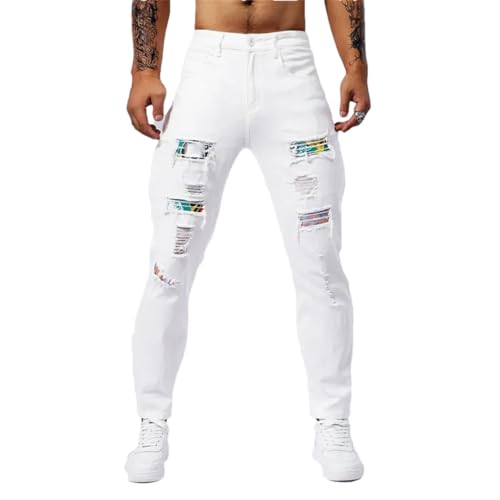 Men Patchwork Ripped Slim Fit Jeans Cotton White Stretch Straight Skinny Denim Trousers