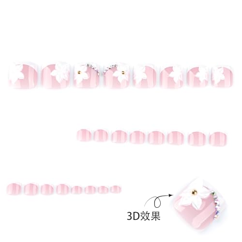 Image of White Press on Toenails French Tip Fake Toe Nails Flower Glue on Toenails with Rhinestone Design Glossy Full Cover False Toes Short Square Stick on Toes for Women Manicure 24Pcs
