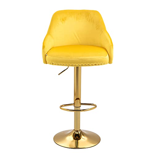 Qqu Modern Bar Stools 360°Swivel Velvet Adjustable Counter Bar Stool With Arm, Back And Footrest Modern Upholstered, Barstools For Kitchen Island, Cafe, Pub, Bar Counter(Yellow) #TOP22