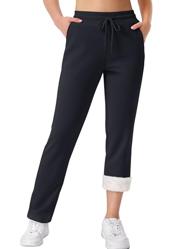 TACVASEN Women's Fleece Lined Sweatpants Winter Thermal Sherpa Pants with Pockets High Waisted Warm Cotton Lounge Casual