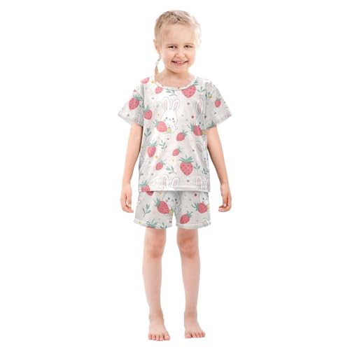 ALAZA Rabbit Strawberry Leaf Pajamas Set Short Sleeve Cotton Sleepwear Summer Pjs 2 Piece 5-14Y3