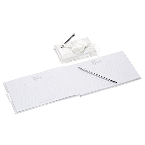 Baugger - Fita de cetim branco casamento Guset livro de assinatura e conjunto de carrinho de caneta