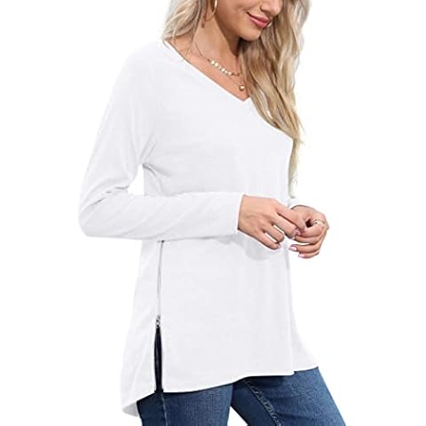 PrinStory Womens Long Sleeve Tops V Neck Casual Sweatshirts Raglan Long Sleeves Tunic Pullover Basic T-Shirt Split Blouse with Side Zipper (White, M) Cover