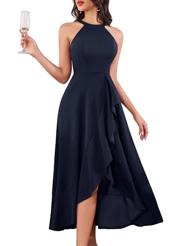 Image of Dressystar Womens 2026 Halter Slit Ruffle Wedding Guest Party Dress Elegant Maxi Long Sleeveless Formal Prom Cocktail Dresses