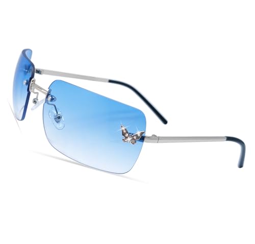 Rimless Y2K Sunglasses for Women Men Fashion Wrap Around Sunglasses Tinted Lens 2000s Sun Glasses Shades Butterfly