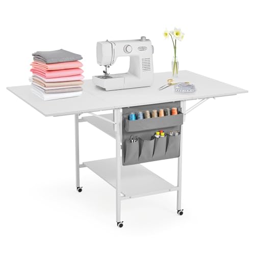 EROMMY Home Hobby Sewing Table with Storage Shelves and Storage Bag Mobile Folding Cutting Table for Large Fabric Foldable Desk for Home Office Sewing Room Craft Room Fixed Height 36in