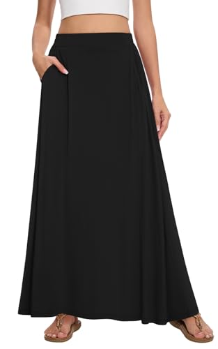 Leafsay Womens Maxi A-line Long Summer Skirt Elastic High Waist Flowy Skirt with Pockets(Black,XL)
