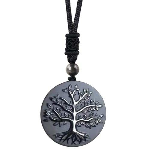 Natural Gemstone Tree of Life Black Obsidian/Golden Obsidian Pendant Necklace for Male and Female Necklace