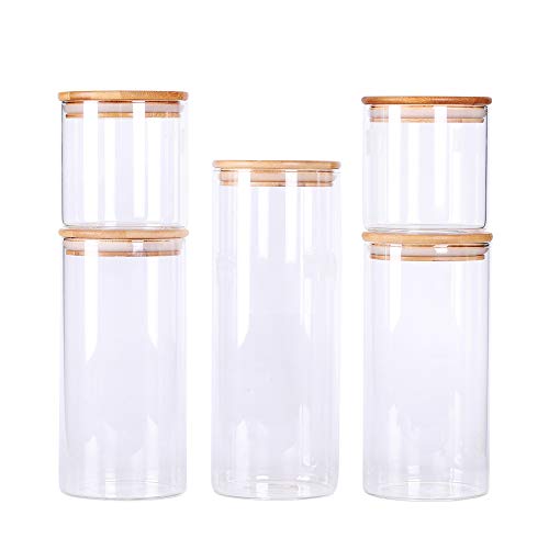 Leaves And Trees Y Stackable Kitchen Canisters Set, Pack Of 5 Clear Glass Food Storage Jars Containers With Airtight Bamboo Lid For Candy, Cookie, Rice, Sugar, Flour, Pasta, Nuts #TOP1