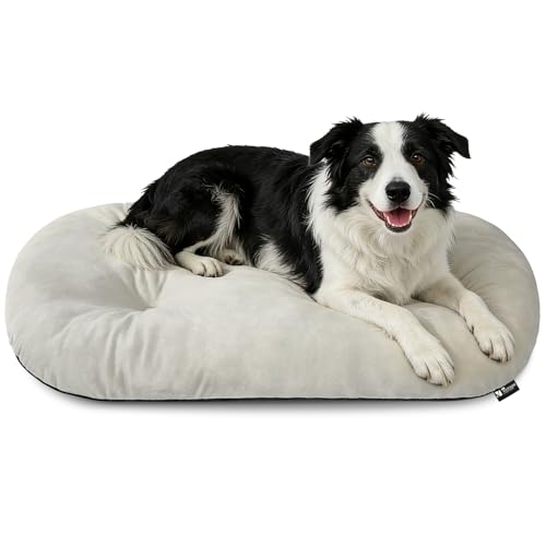 Image of Washable Oval Dog Bed for Large Dogs, Silver-Tipped High-Resilience, Beige