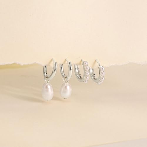 Image of Gold Plated Earrings for Women, 14k Gold Plated Earring Stack Hypoallergenic Pearl Drop Earring Dainty Earrings for Women Trendy Cute Small Huggie Hoop Earring Fashion Womens Jewelry