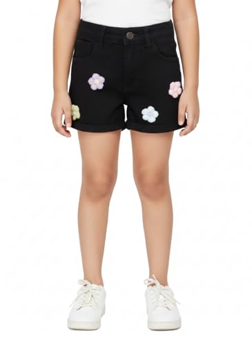 Image of KiddoPanti Girls Tight Length Rollup Denim Shorts with Lavender and Pink 3D Crochet Flowers